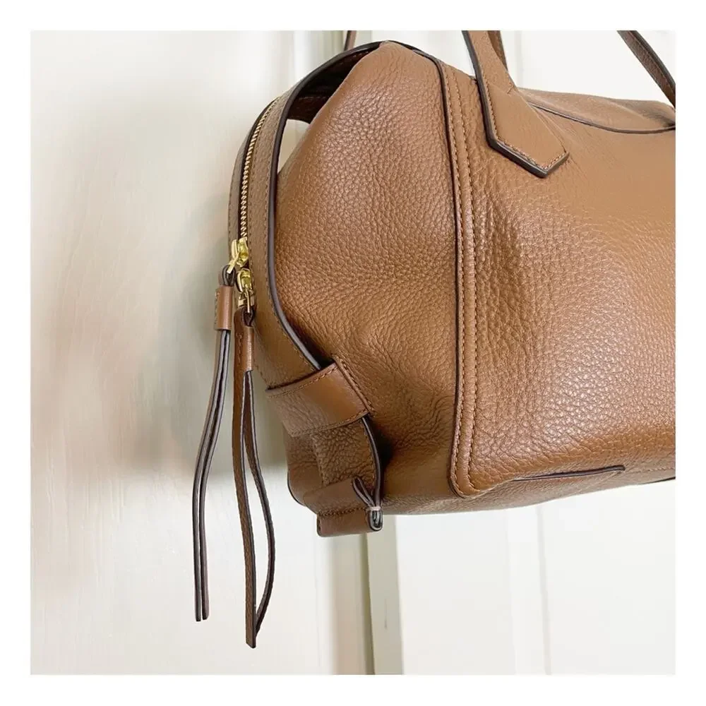 Tory Burch Perry Moose Brown Satchel Bag Pebbled Leather Zip Top Handbag